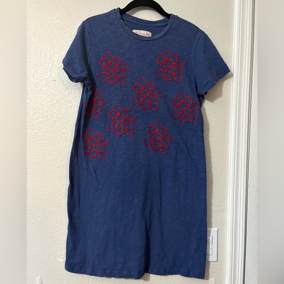 Philosophy Blue Mini T Shirt Dress with Red Embroidered Flowers. 100% Cotton - Picture 2 of 11